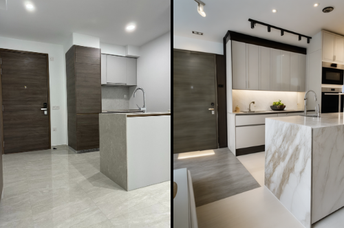 Before and after home staging of a kitchen